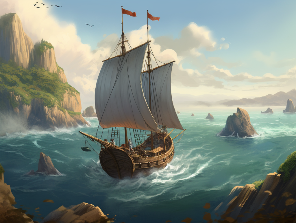 An illustration of a sailing ship exploring the ocean.