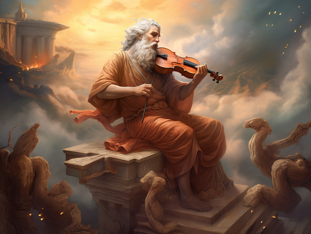 An old man, God of Arts, playing a violin in the sky.