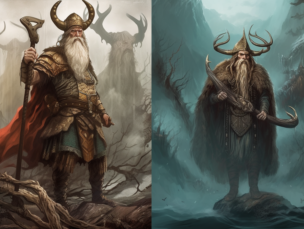 Two pictures of vikings with long beards in the spirit of Bragi.