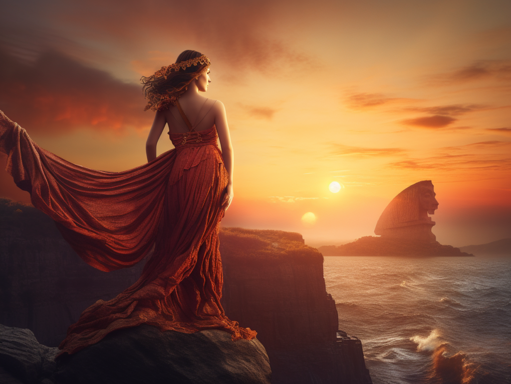 A woman in a red dress standing on a cliff overlooking the ocean.