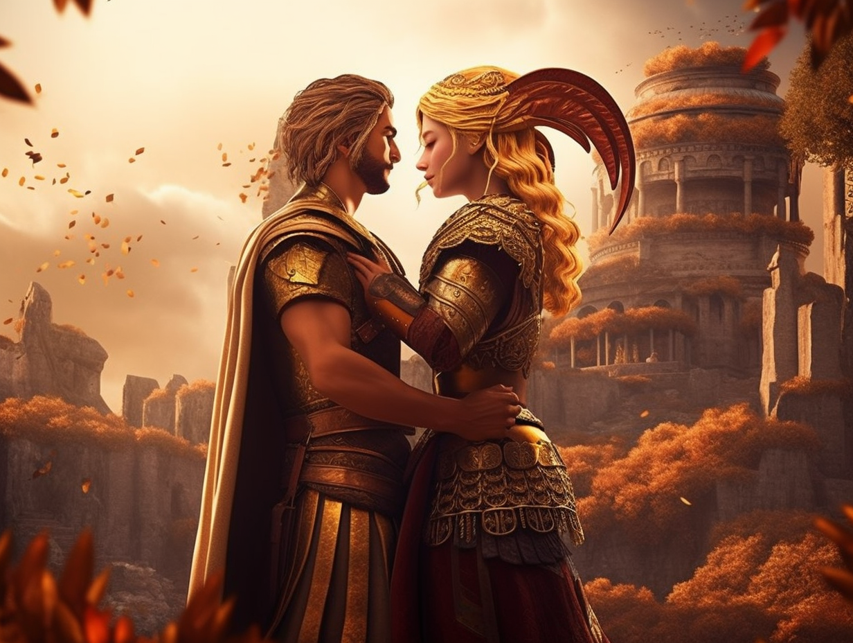 A man and woman are embracing in front of a castle.