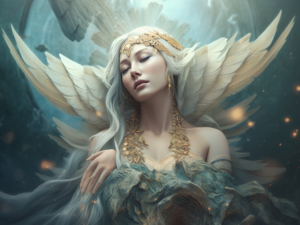 A goddess with white wings and a crown embodies serenity as she sits on a rock, embracing Eirene's harmony.