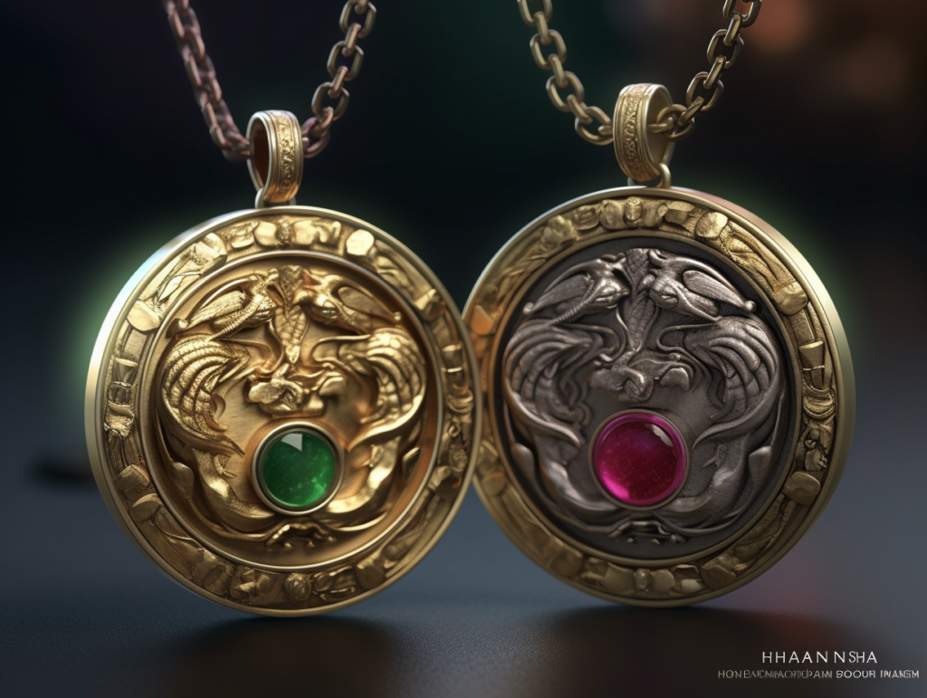 Two gold pendants with emerald and ruby stones named Harmonias Necklace, symbolic of balance.