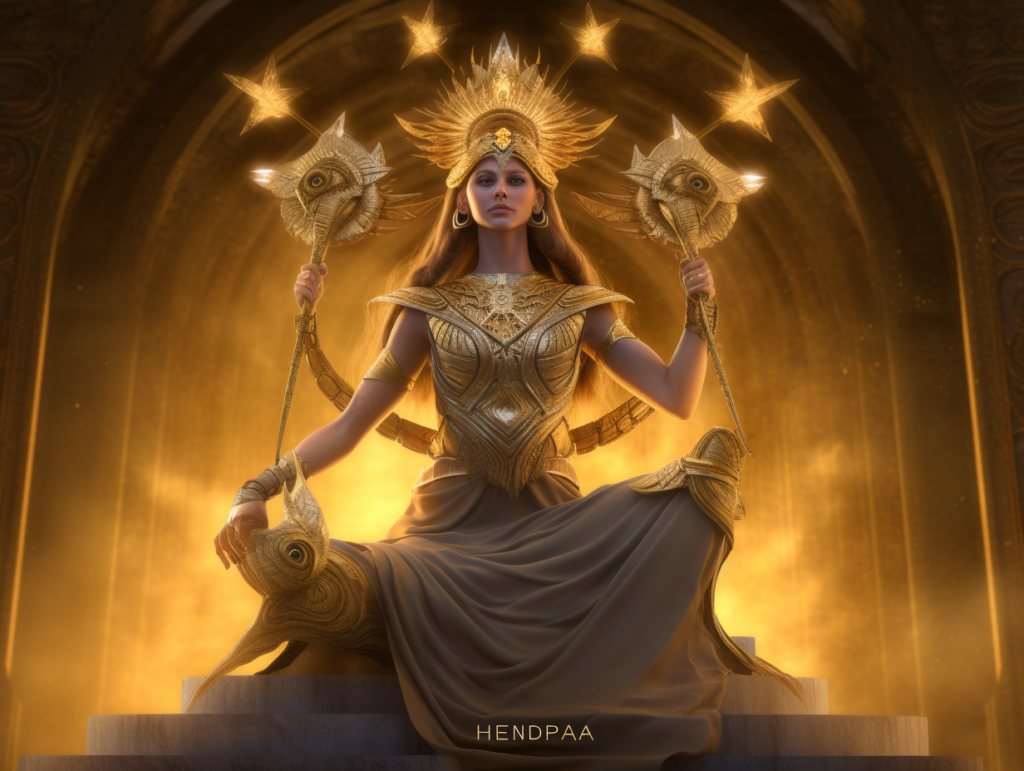 A golden goddess shedding light on the primordial goddess while sitting on a golden throne.