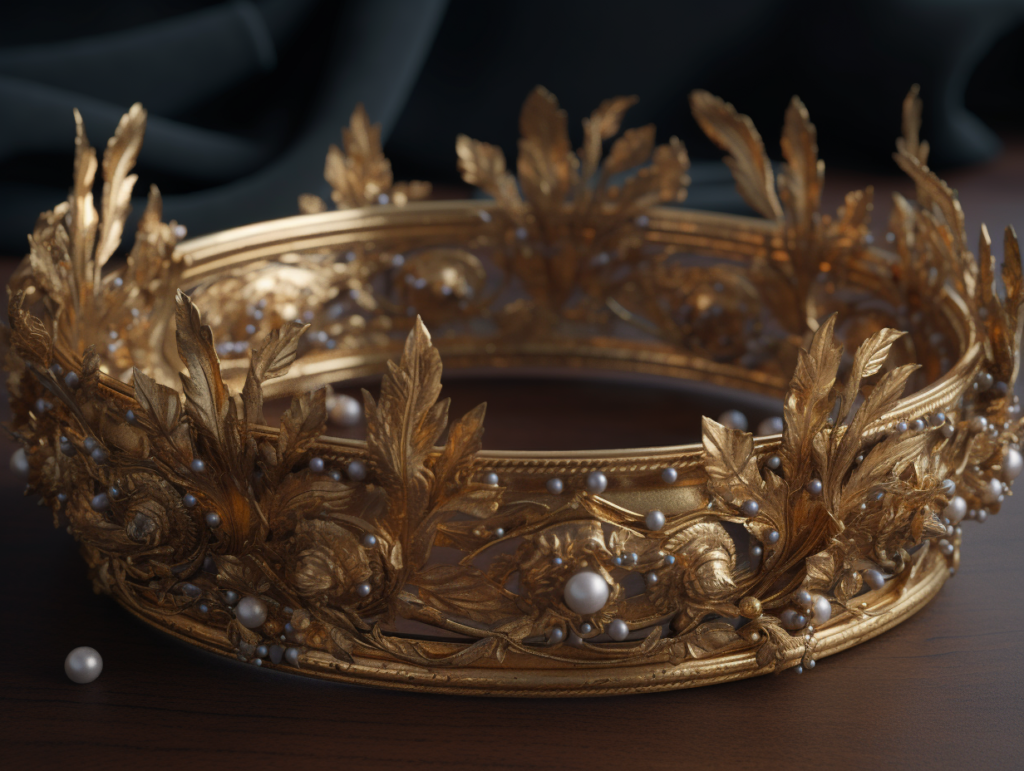 A gold crown with pearls and leaves, reminiscent of Hera's diadem, resting on a table.
