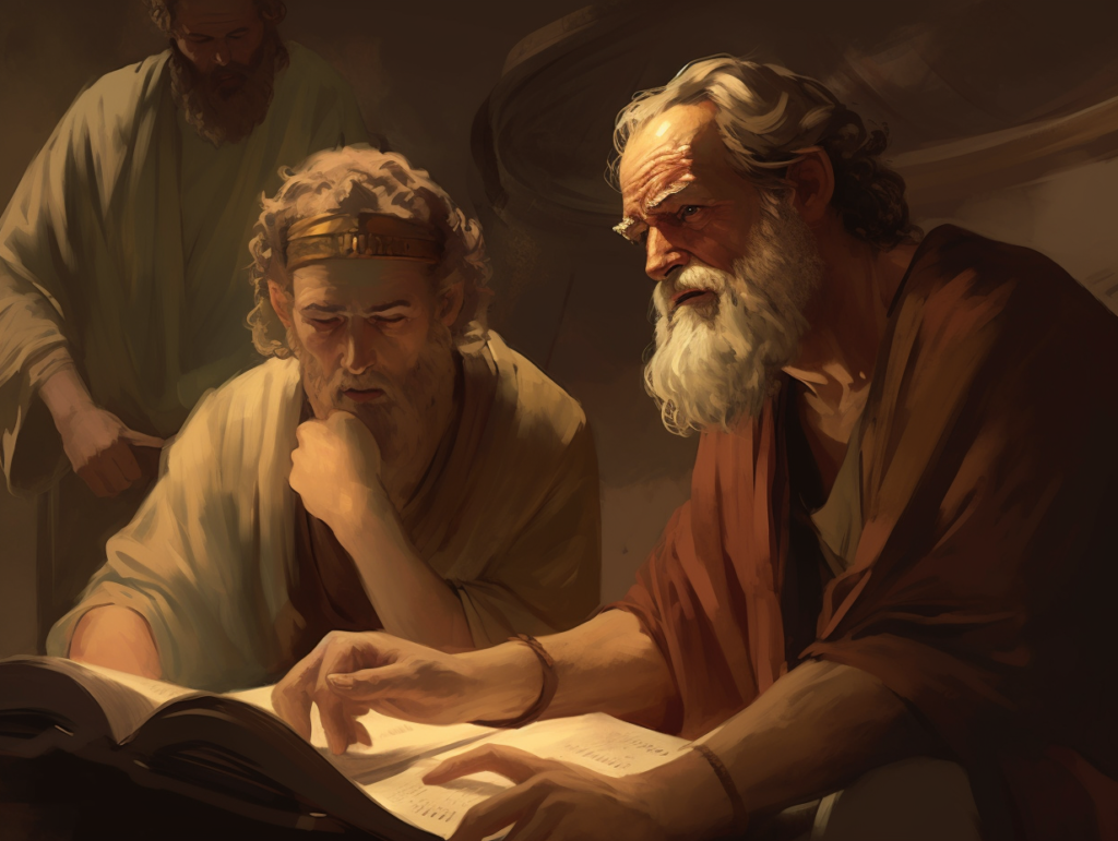 A painting of two men reading a book.