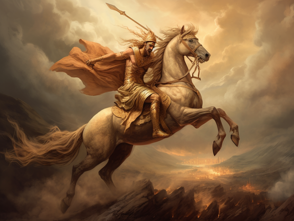 An image of a man riding a horse on a cloudy day with hera's diadem.