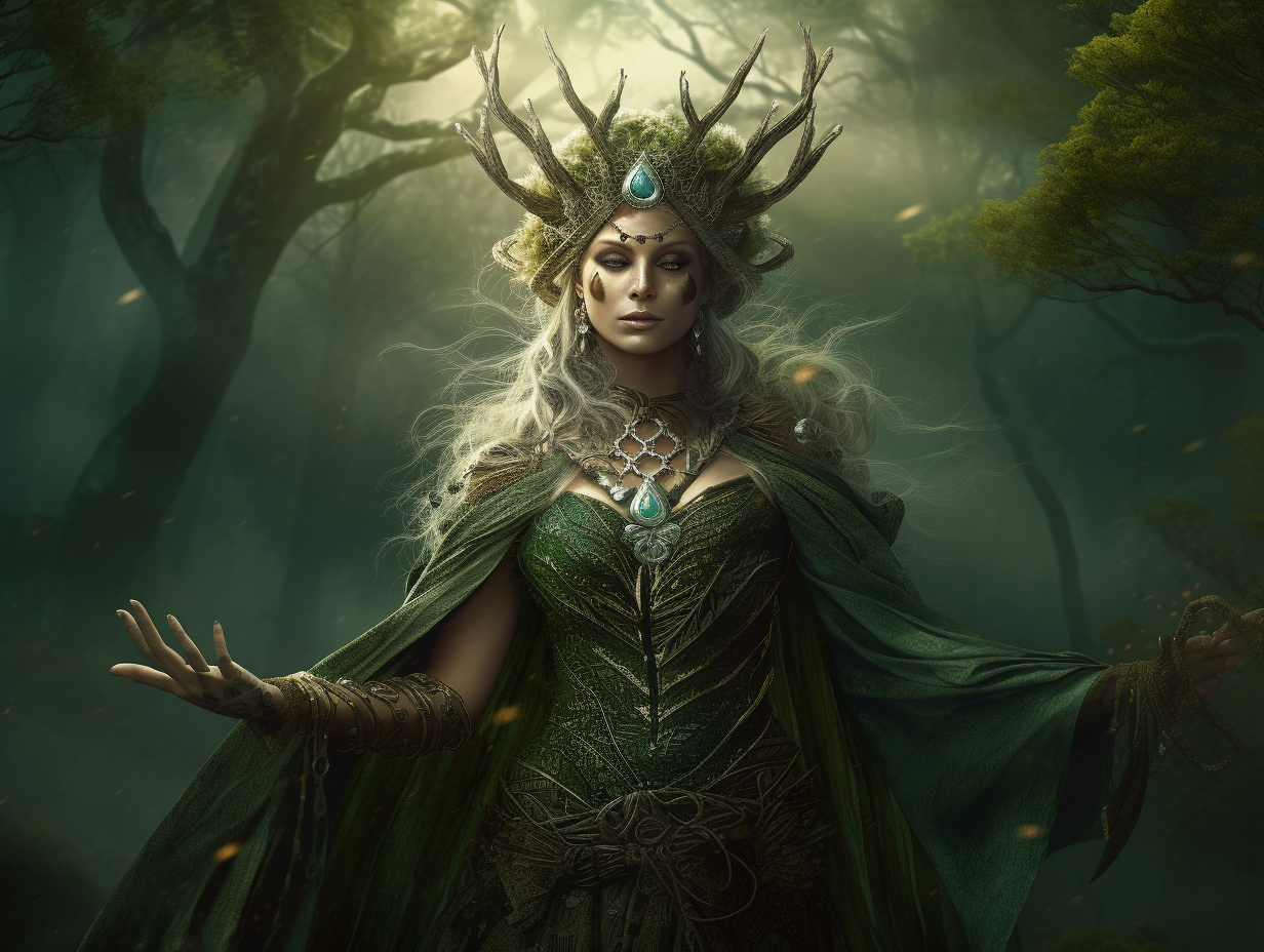 A woman in a green dress with Heras diadem standing in a forest.