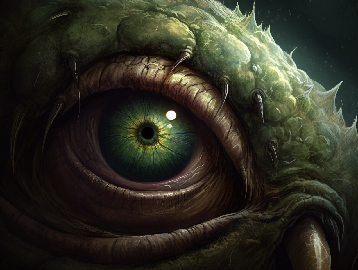 An eye of a creature with green eyes.