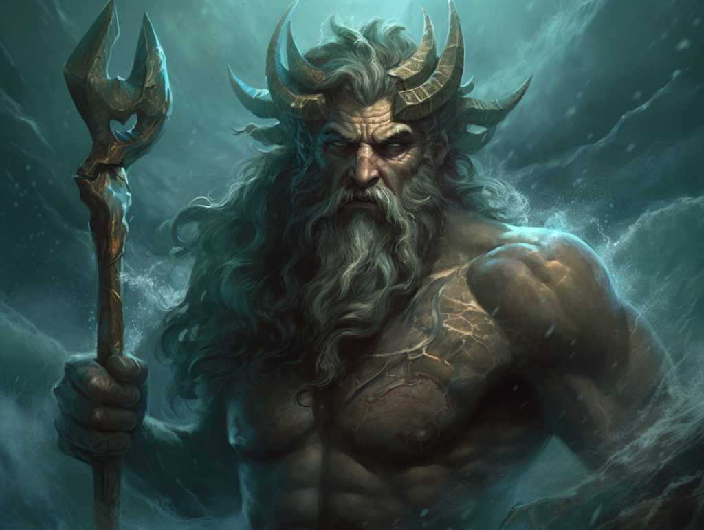 An image of a greek god holding a spear in the ocean.