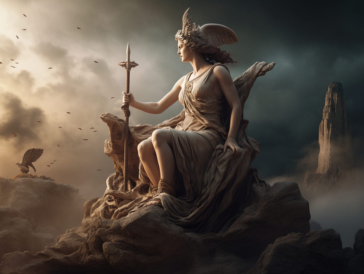 A statue of a woman sitting on a rock with a sword, inspired by Greek mythology.