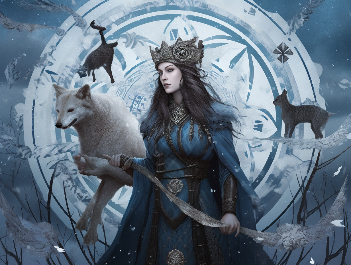 A woman in a blue dress unveiling the Winter Huntress with two wolves.