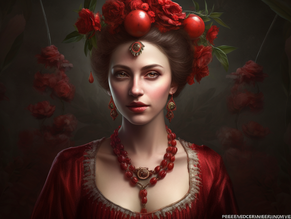 A woman wearing a red dress dons Hera's diadem atop her head.
