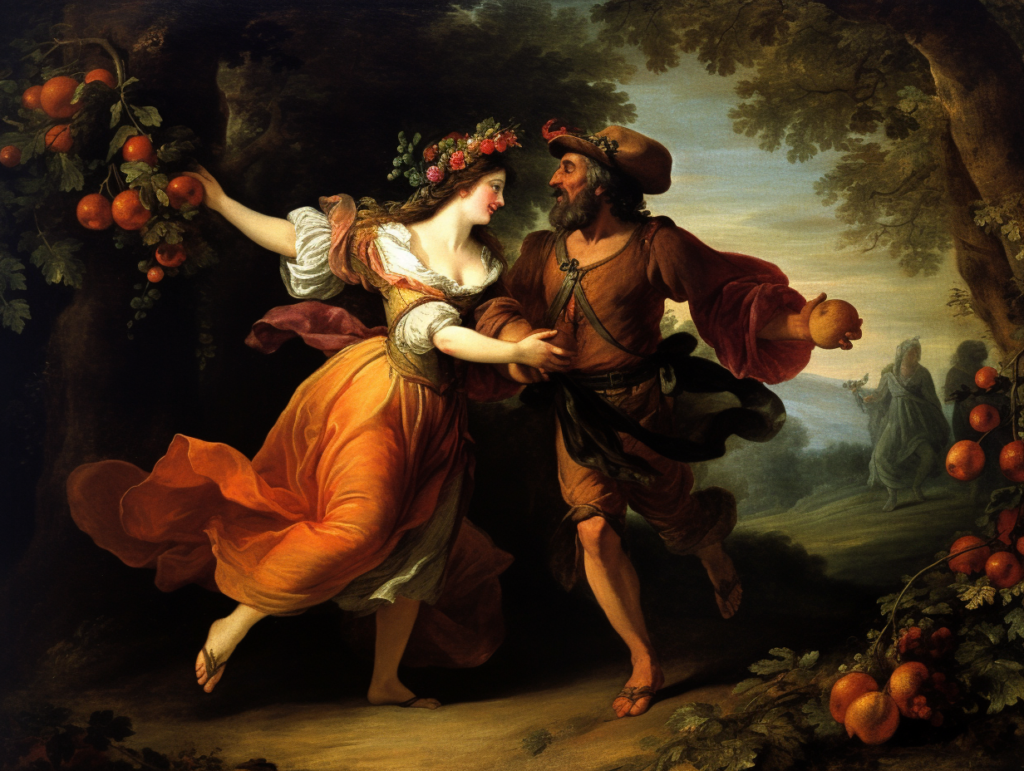 A painting of a man and woman dancing in the woods.