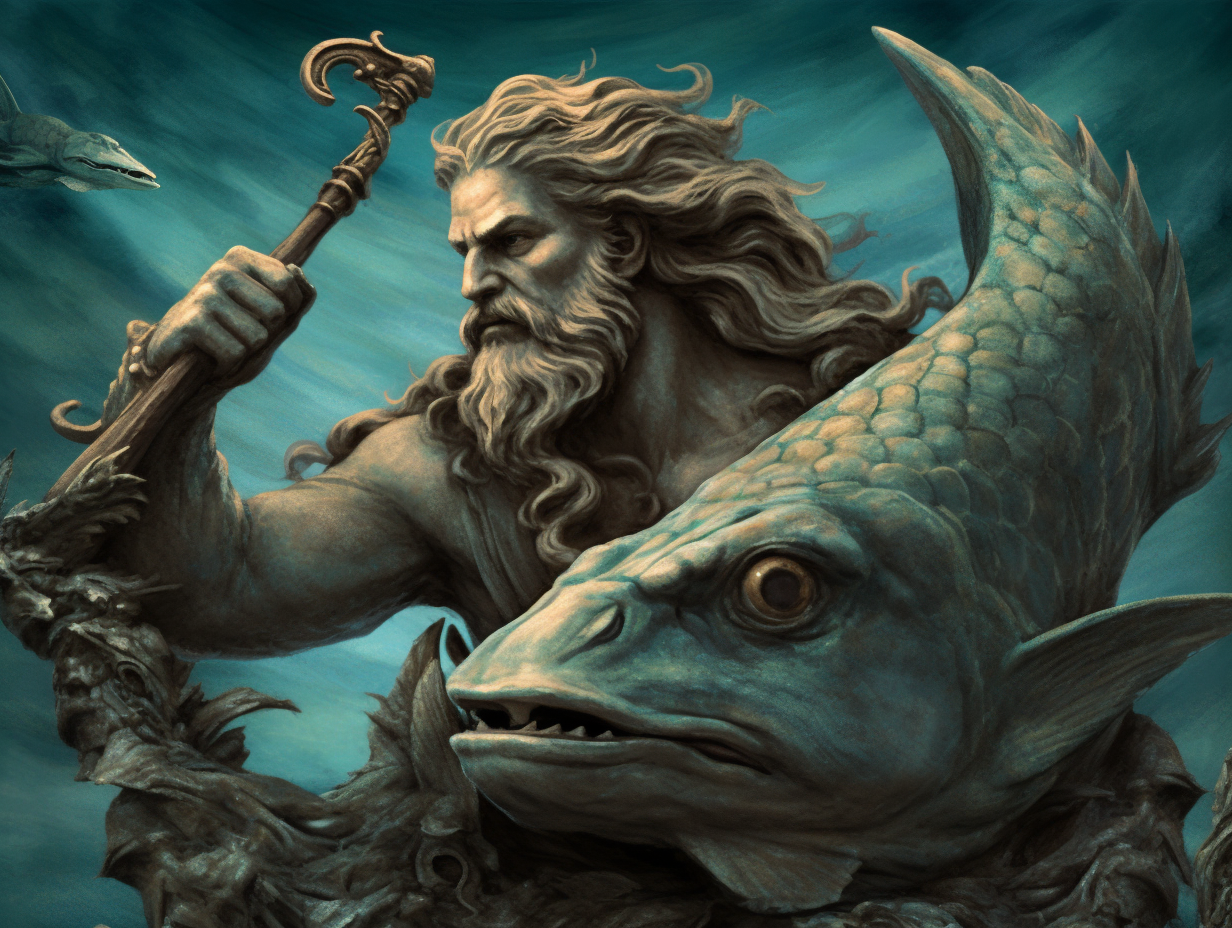 The god of the sea is holding a fish, representing Pisces, the watery connection in the zodiac.