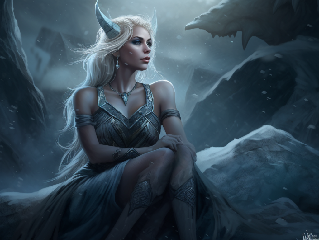 A Norse goddess sitting on a rock with horns on her head.