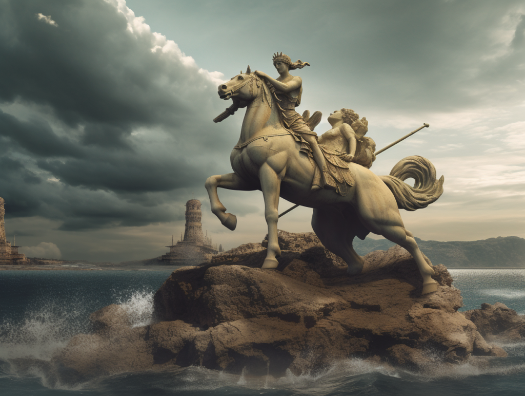 A statue of a woman riding a horse inspired by Greek mythology.
