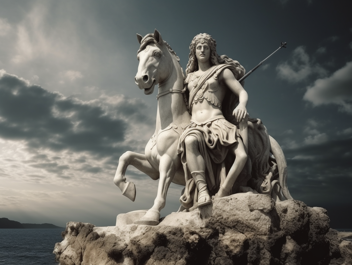 A statue of a woman riding a horse in Greek mythology.