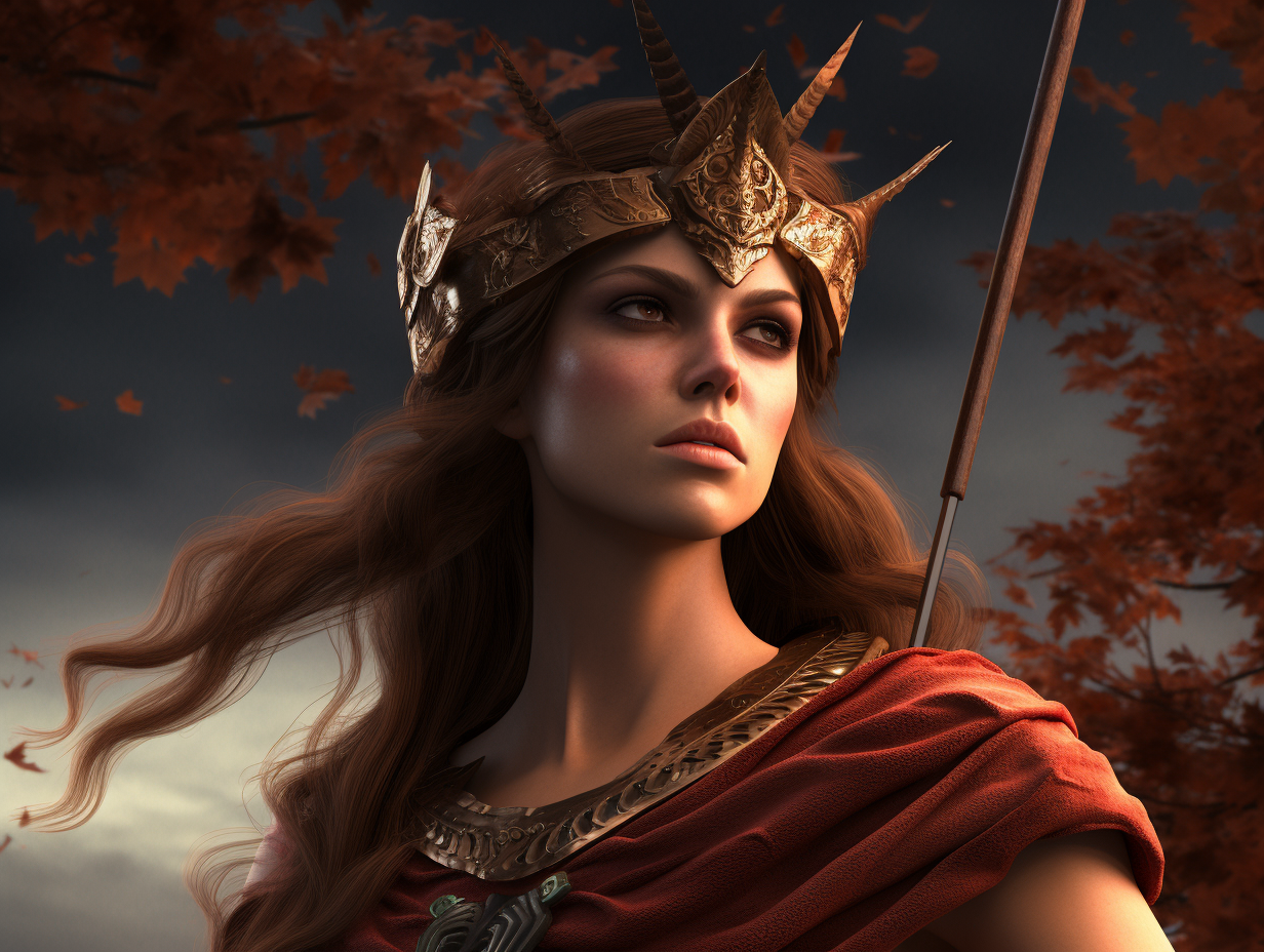 A woman in a red dress embodying mythological power wields a sword.