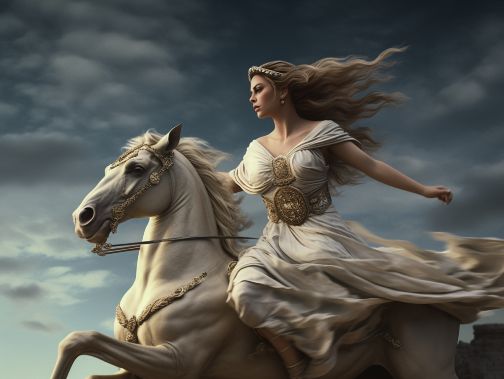 A woman riding a white horse on a cloudy day, invoking elements of Greek mythology with undertones of Myrrha.