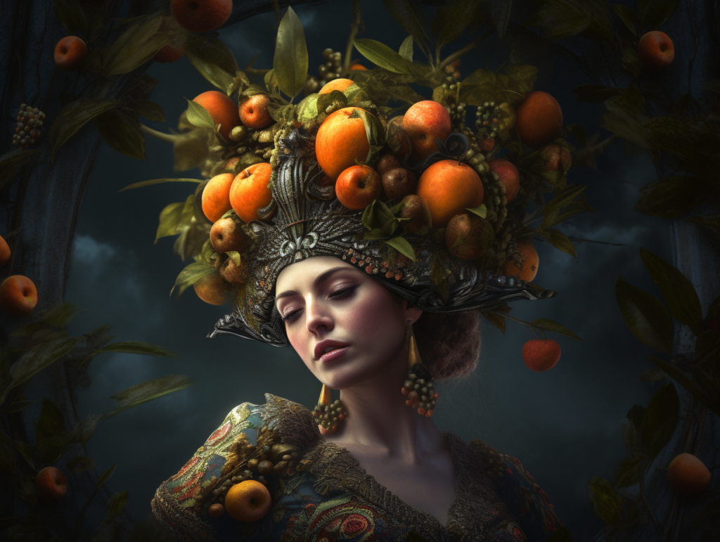 A woman with oranges on her head in Greek mythology.
