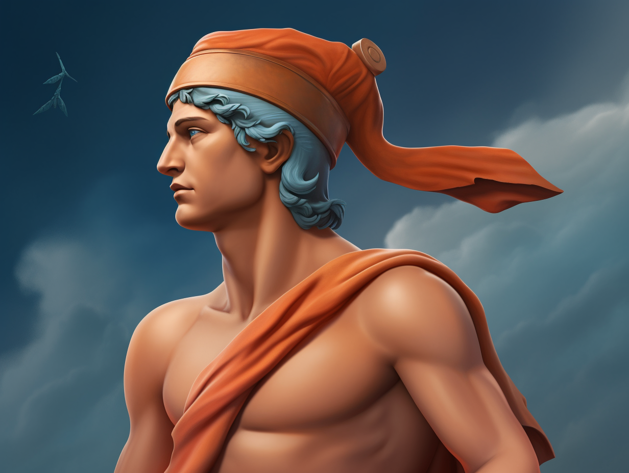 A statue of a man wearing an orange hat, symbolizing Hermes.