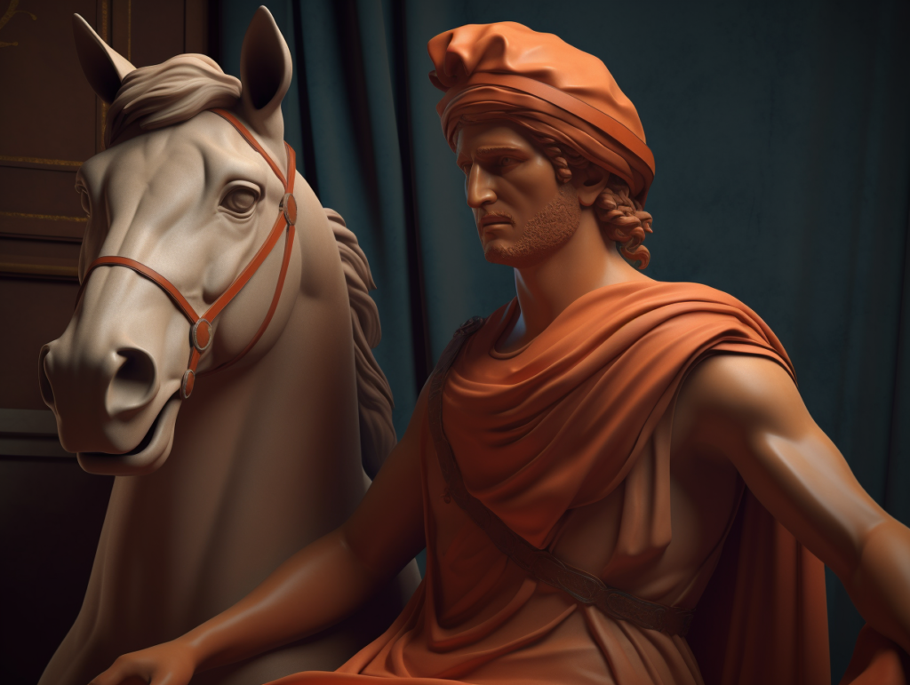 A statue of a man astride a horse, embodying symbols of Hermes.