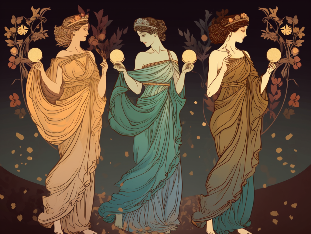 Three muses showcasing golden balls.