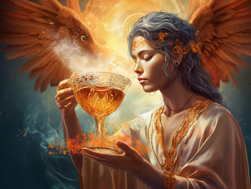 A woman with wings holding a cup of wine.