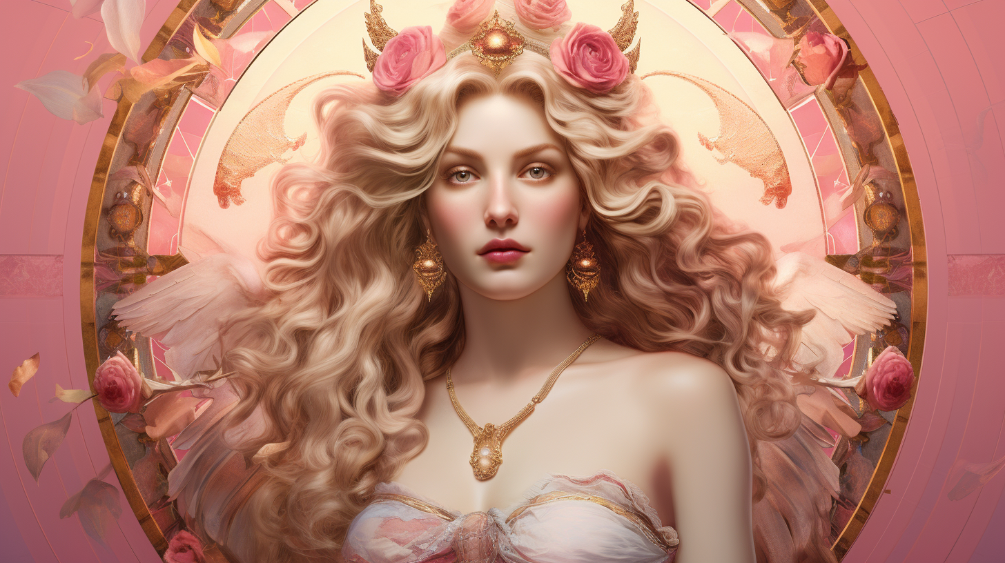 Aphrodite in gemini with long blonde hair in a pink frame, embodying Aphrodite's grace and elegance.