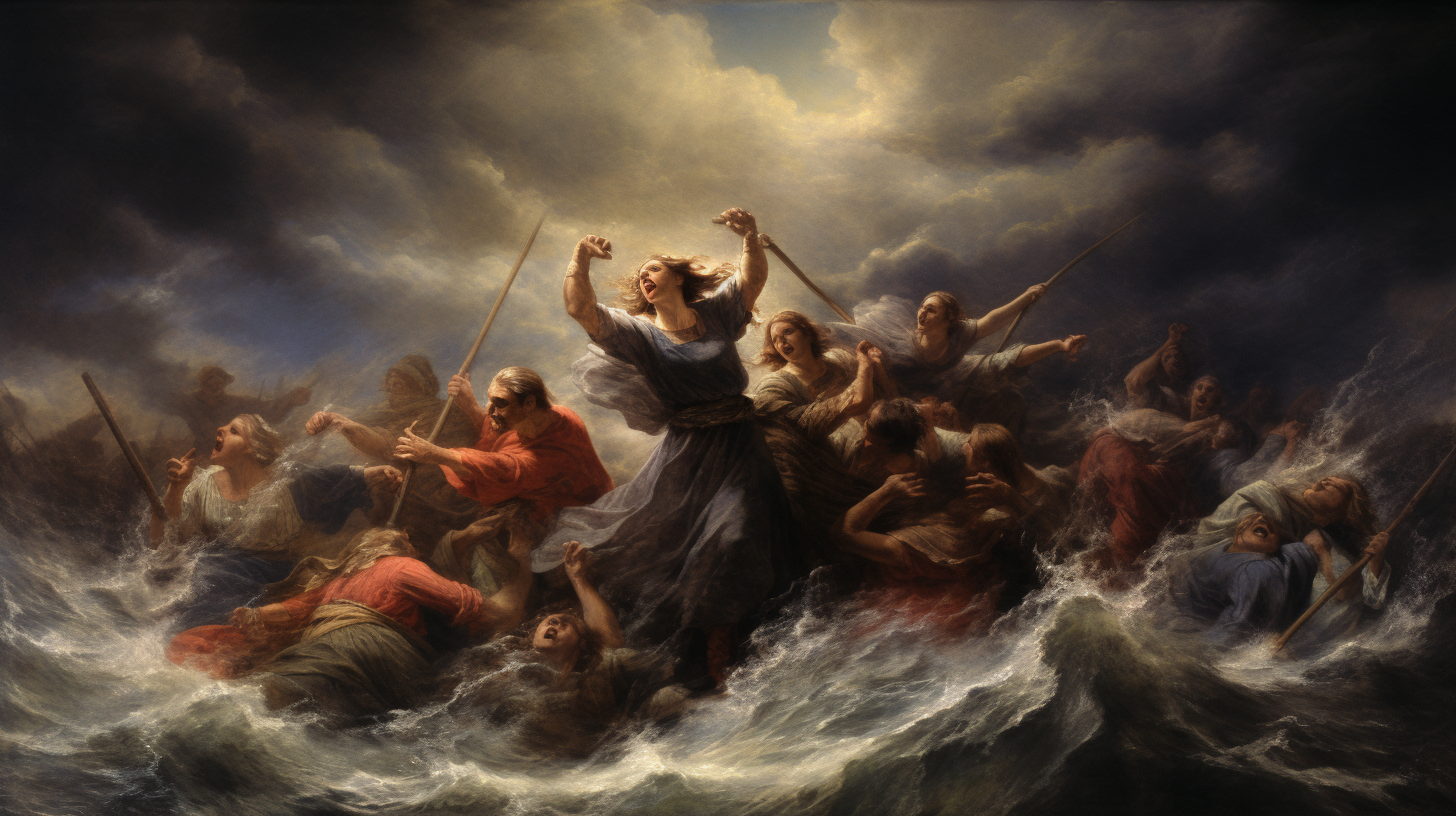 A painting of a group of people enduring a storm with a biblical reference.