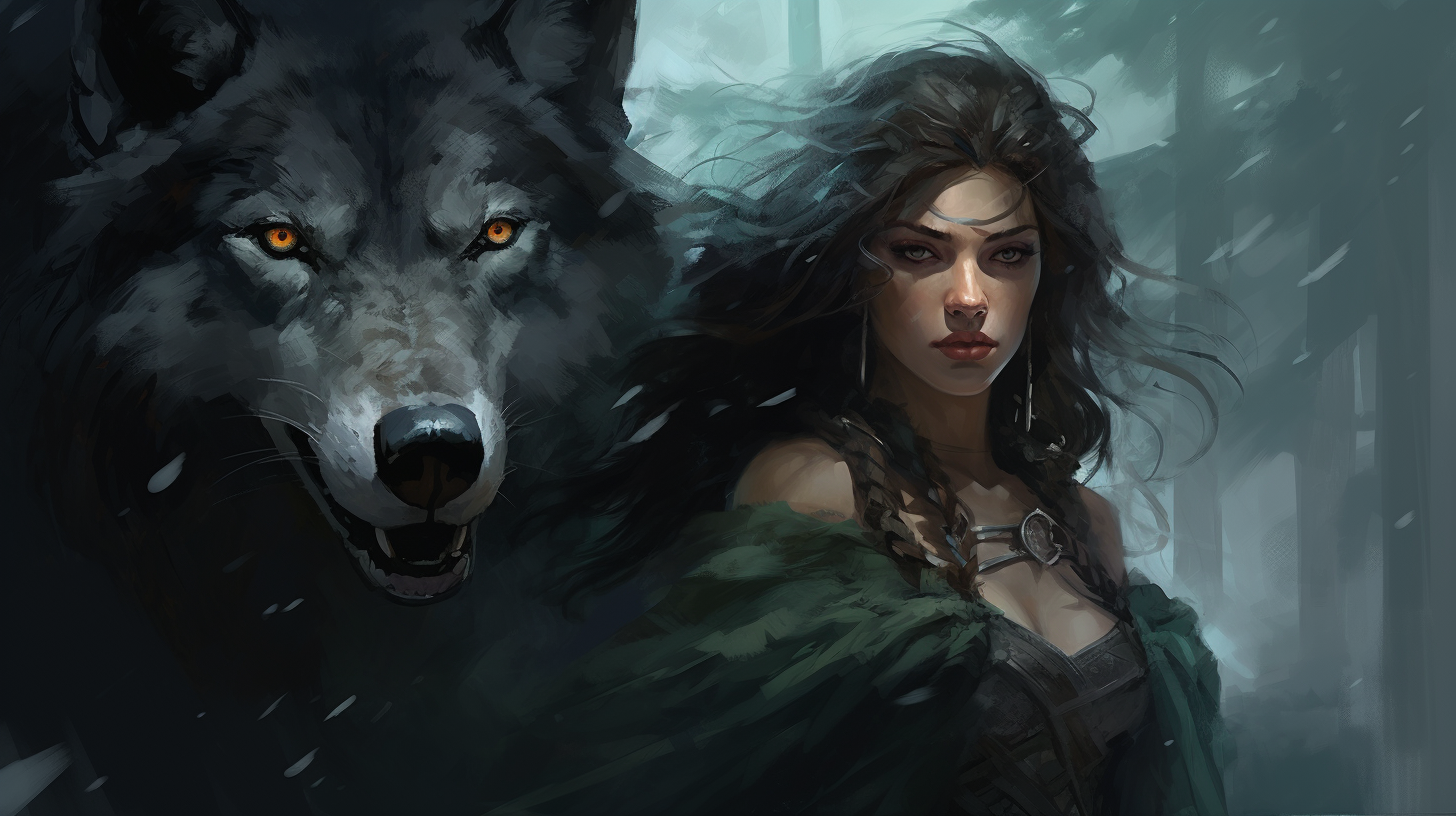 A woman, believed to be Skadi- the Goddess of the North in Norse Mythology, is standing next to a majestic wolf in the enchanting woods.