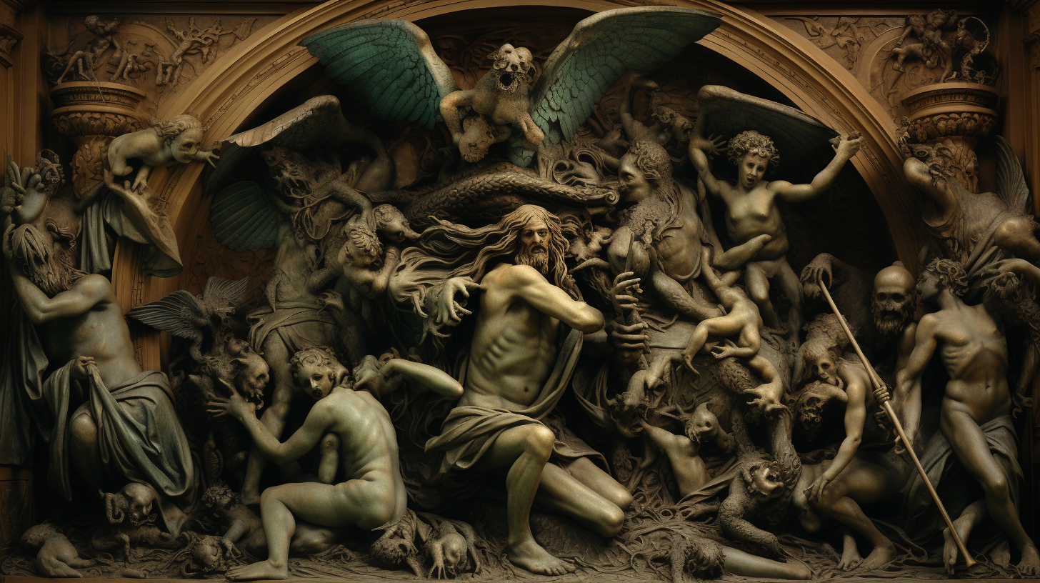 Ornate statue of demons and angels infused with mystery and Latin tradition.