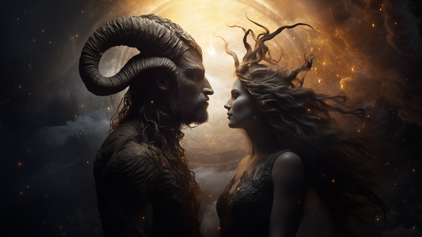 A man and a woman with horns standing in front of a fire, symbolizing the powerful influence of Capricorn's Nessus energy.