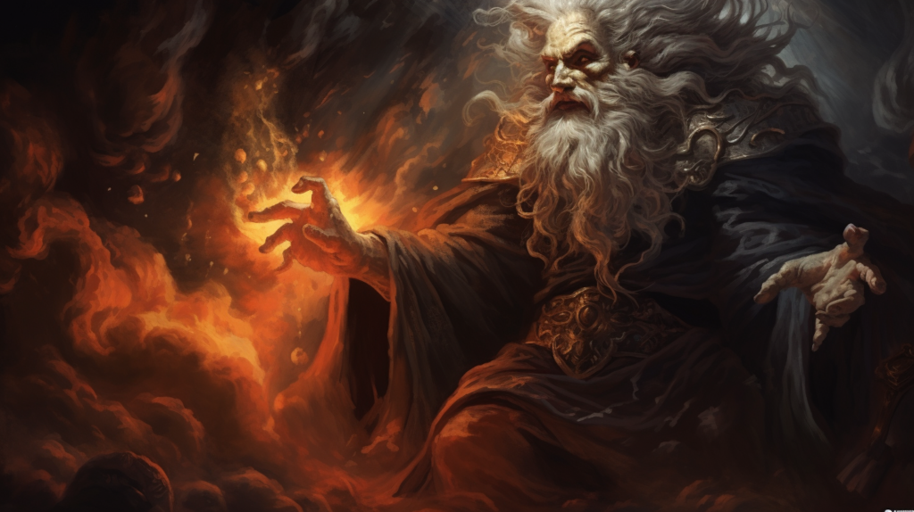 An old man with a long beard standing in front of a fire, recognizing signs of Hades calling.