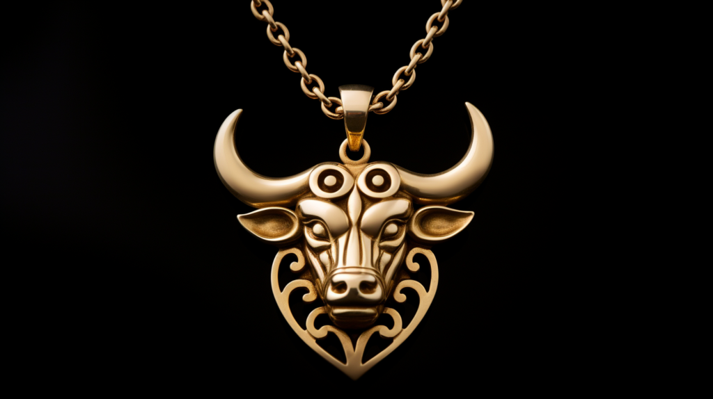 A gold bull head pendant, a Symbol of the Zodiac Sign Taurus, on a black background.