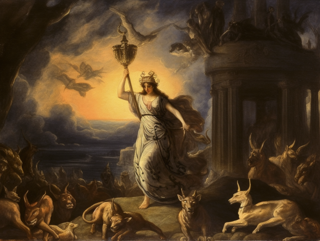 A painting of a woman holding a torch in front of a group of animals.