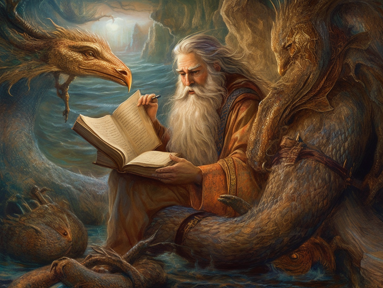 An old man engrossed in reading mythological tales while perched atop a dragon.