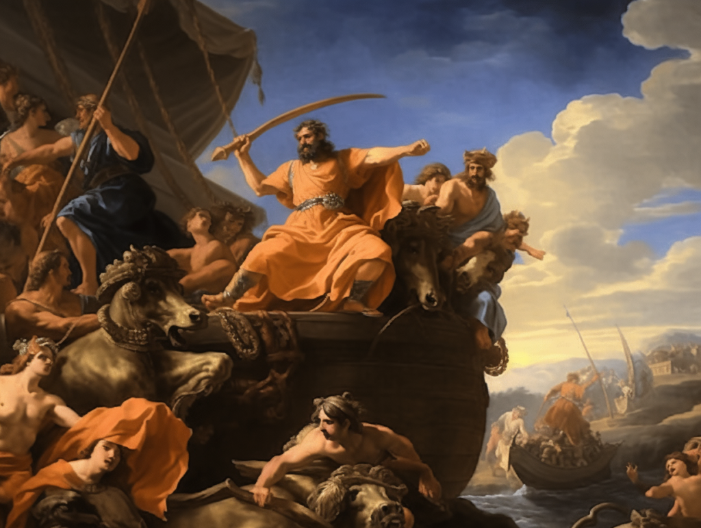 A painting of a ship with men on it, discovering the Greek mythology story.