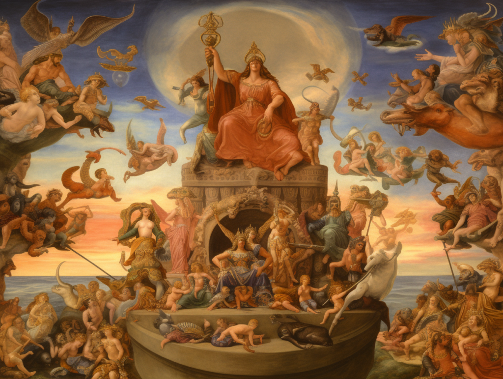 A painting of a boat surrounded by angels and gods.