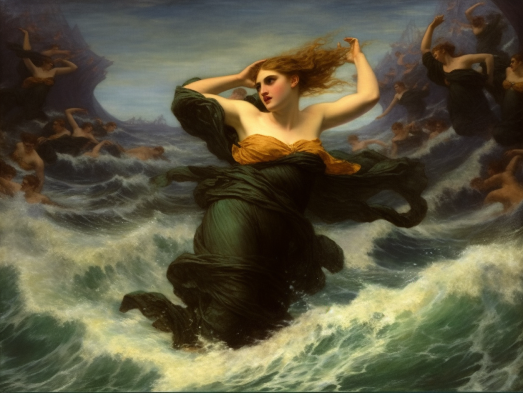 A painting of a woman in a green dress amidst the ocean during the Trojan War.