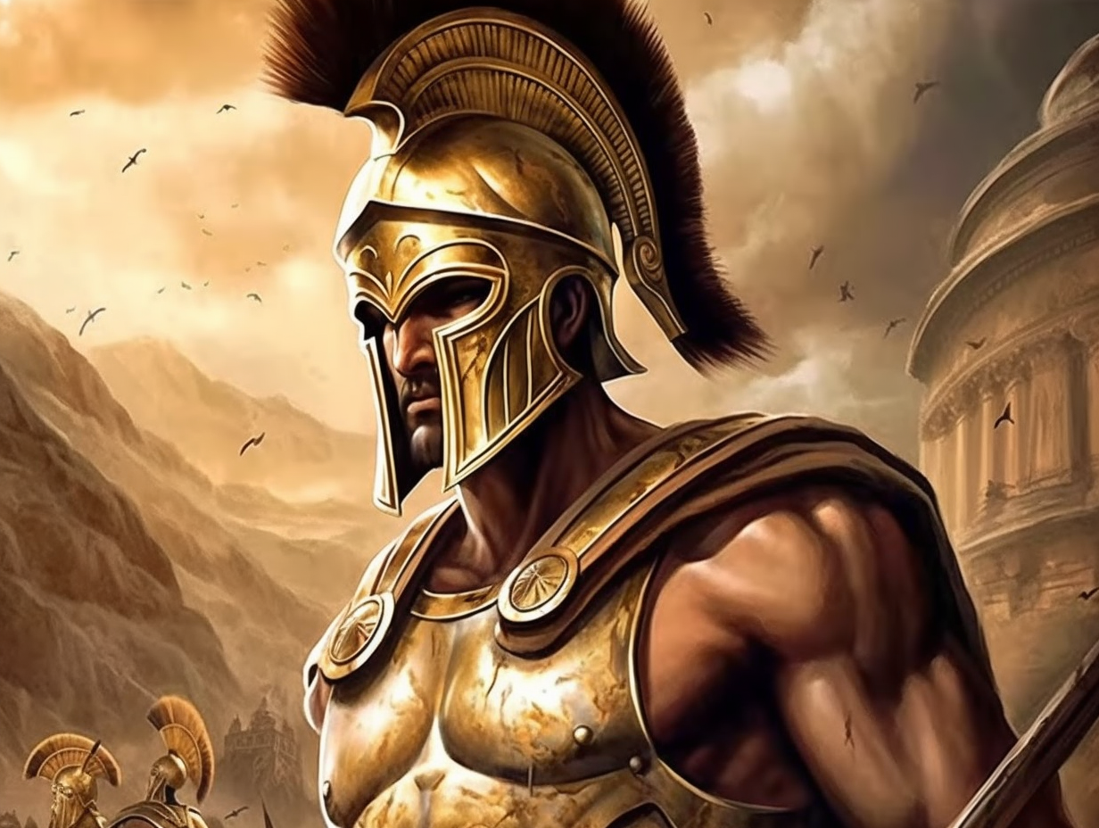 A spartan warrior is standing in front of a city showcasing epic stories of Achilles, the Greek mythological hero.