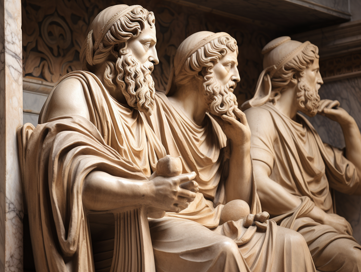 Three statues of ancient Greek philosophers sitting next to each other.