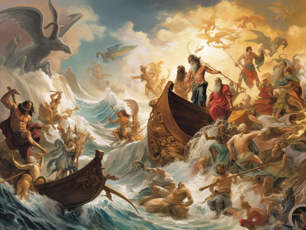 A painting depicting the myth of Cassandra featuring a group of people in a boat.