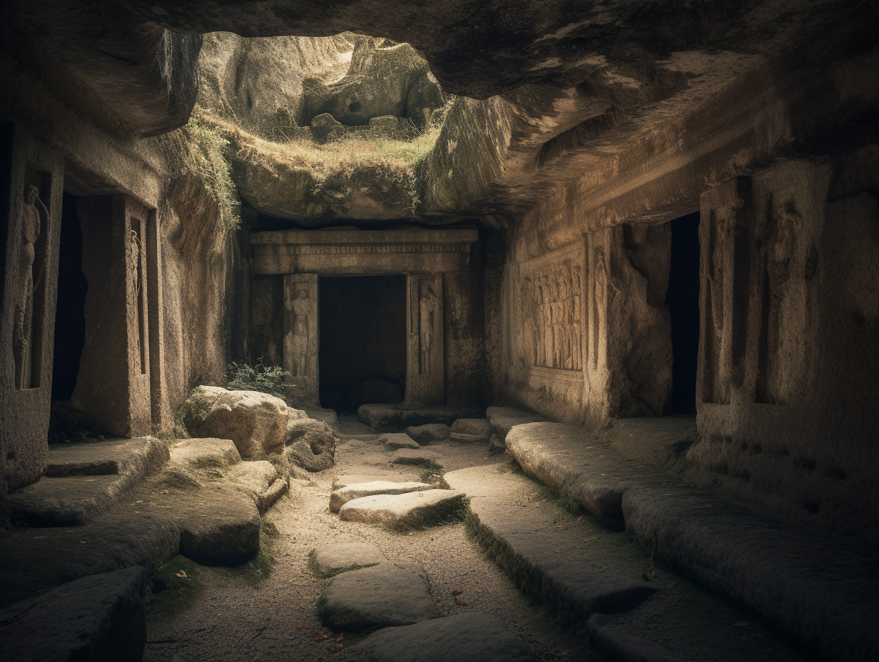 The entrance to the Greek underworld, with a mystical light shining through it.