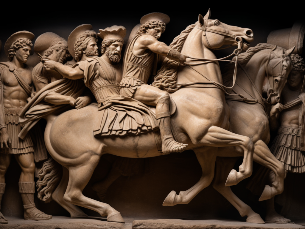 A sculpture of men riding horses, exploring the heroes of the Trojan War.