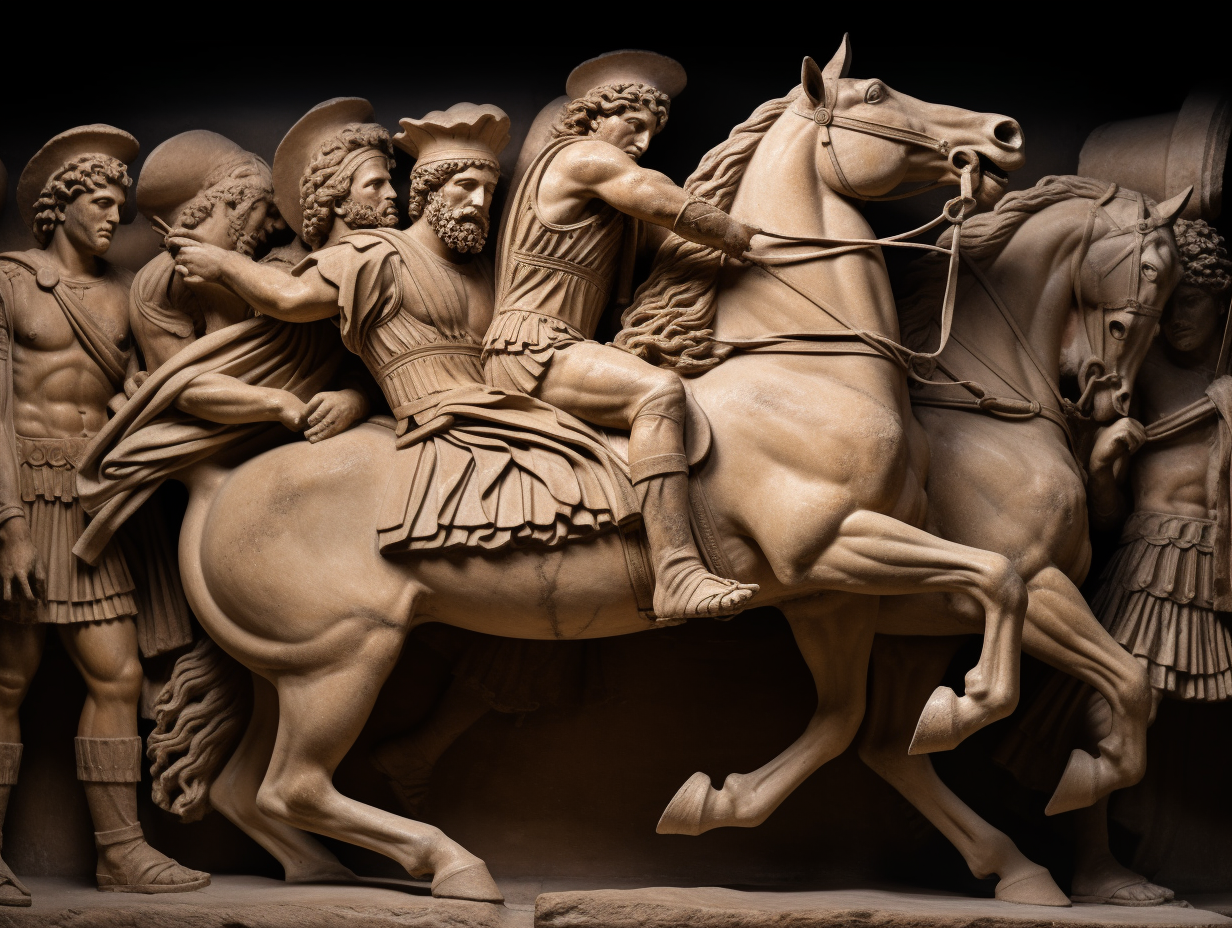 A sculpture of men riding horses, exploring the heroes of the Trojan War.