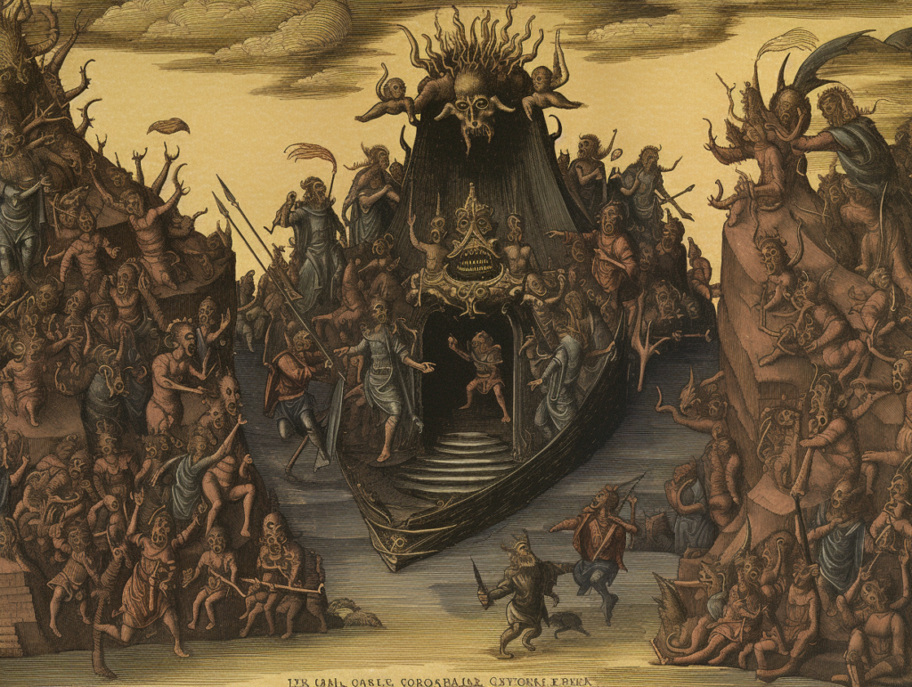 A painting of a boat carrying demons through the underworld, curated by the god Hades.