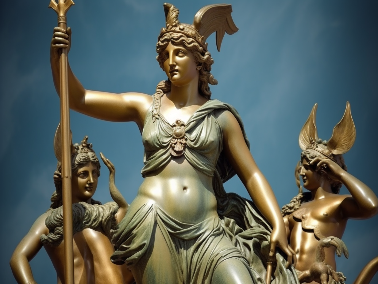 A Grecian goddess statue holding a spear and a sword.