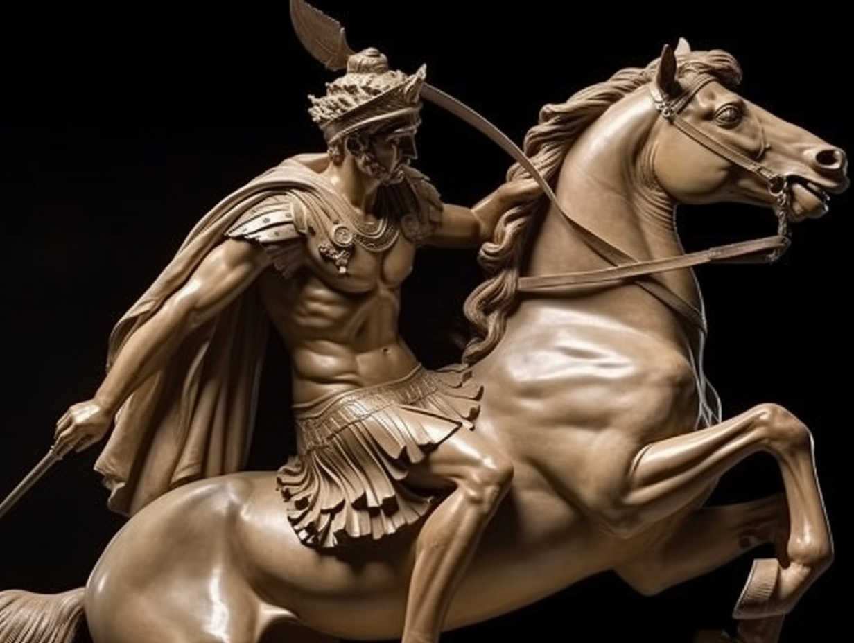 A statue of a man riding a horse inspired by the myth of Cassandra.